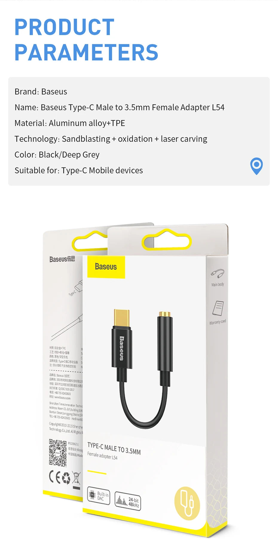 Baseus Type C to 3.5mm Earphone Jack AUX USB C Cable Headphones Adapter 3.5 Jack Audio cable For Huawei P20 Xiaomi Mi 10