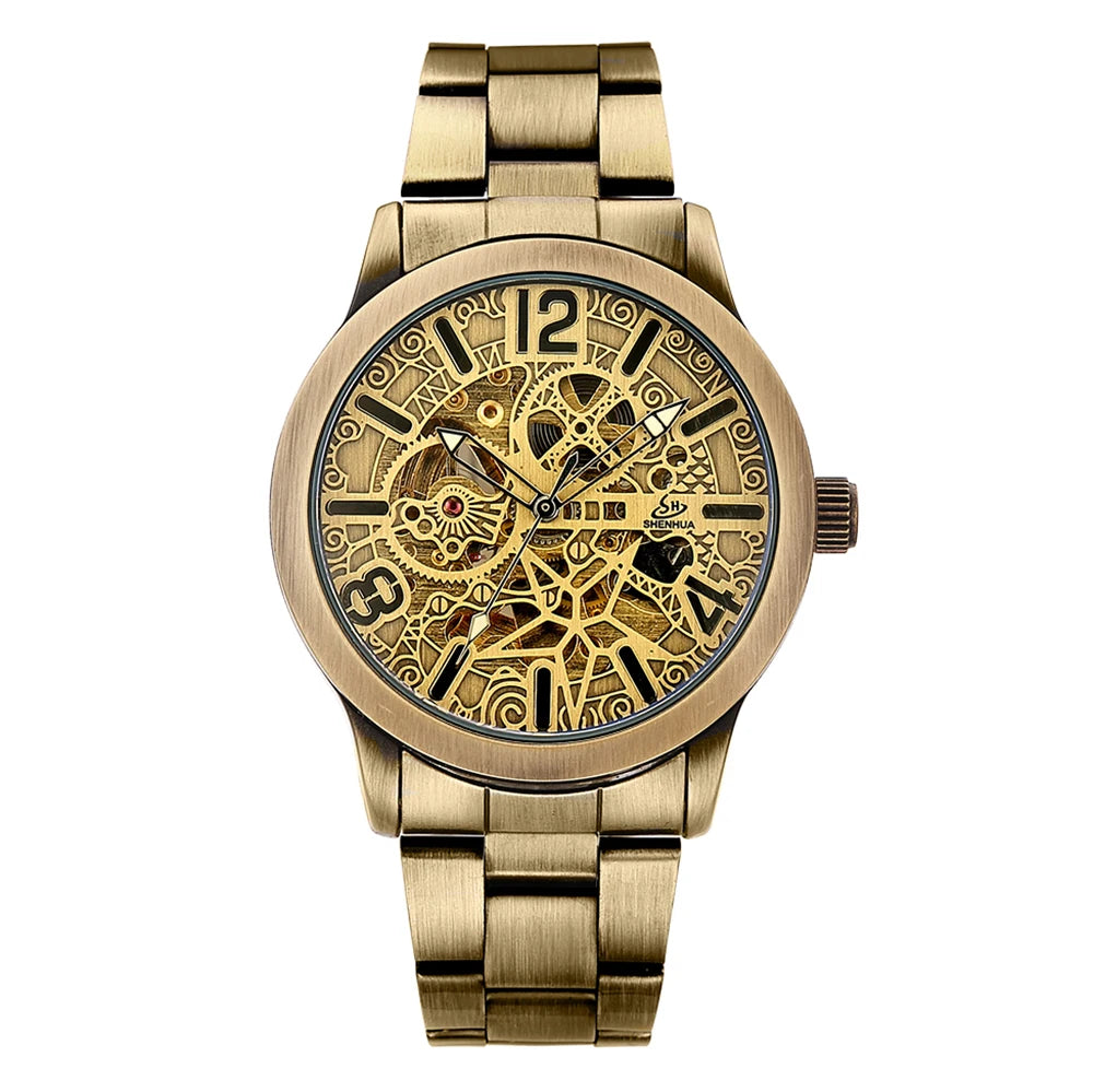 SHENHUA Men's Automatic Wrist Watch Vintage Copper Skeleton Mechanical Male Clock Retro Bronze Dial Luminous Relogio Masculino