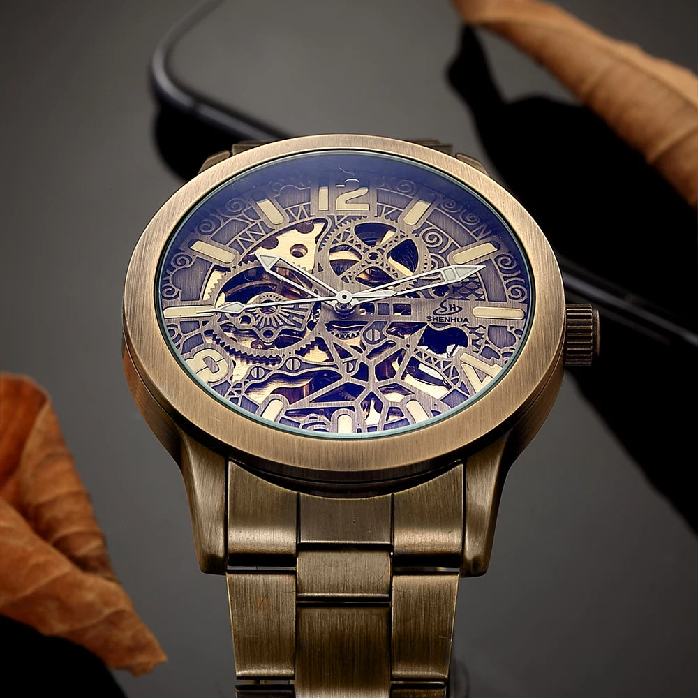 SHENHUA Men's Automatic Wrist Watch Vintage Copper Skeleton Mechanical Male Clock Retro Bronze Dial Luminous Relogio Masculino