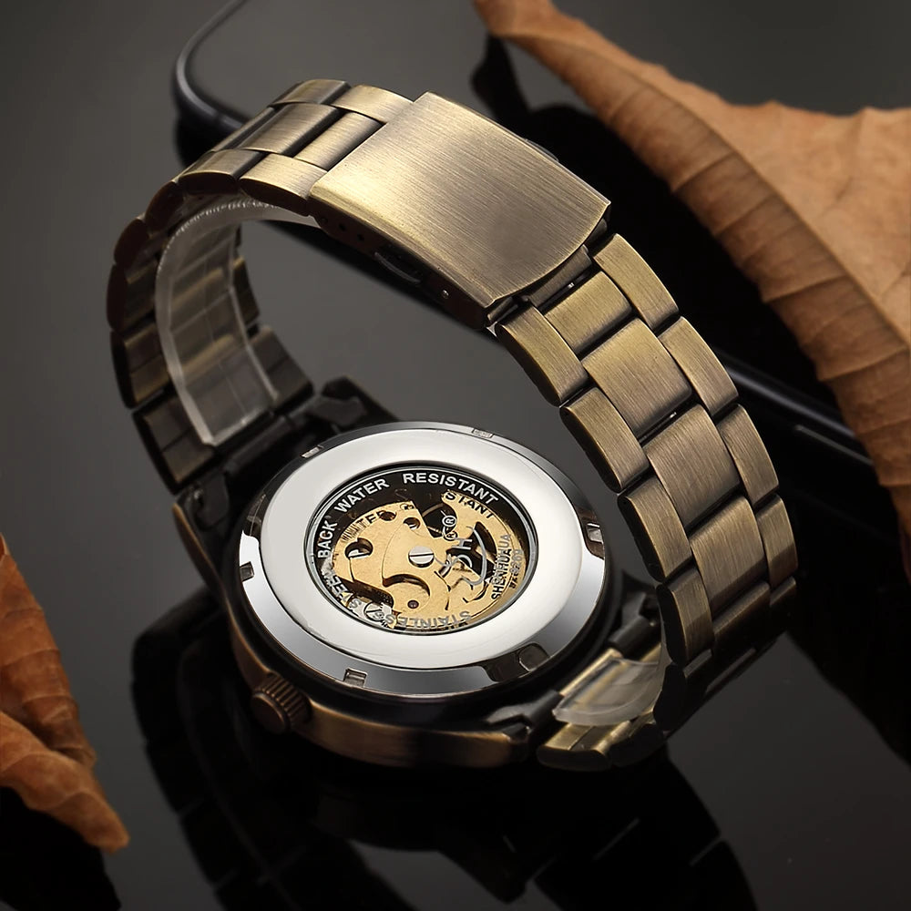 SHENHUA Men's Automatic Wrist Watch Vintage Copper Skeleton Mechanical Male Clock Retro Bronze Dial Luminous Relogio Masculino