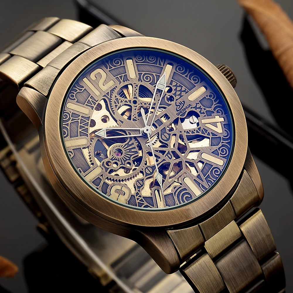 SHENHUA Men's Automatic Wrist Watch Vintage Copper Skeleton Mechanical Male Clock Retro Bronze Dial Luminous Relogio Masculino