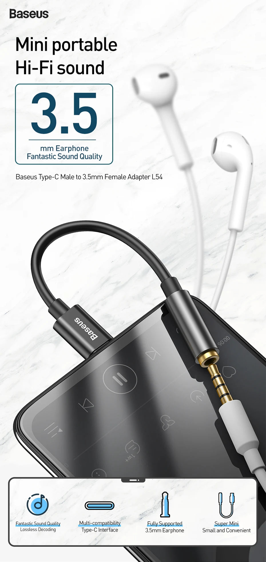 Baseus Type C to 3.5mm Earphone Jack AUX USB C Cable Headphones Adapter 3.5 Jack Audio cable For Huawei P20 Xiaomi Mi 10