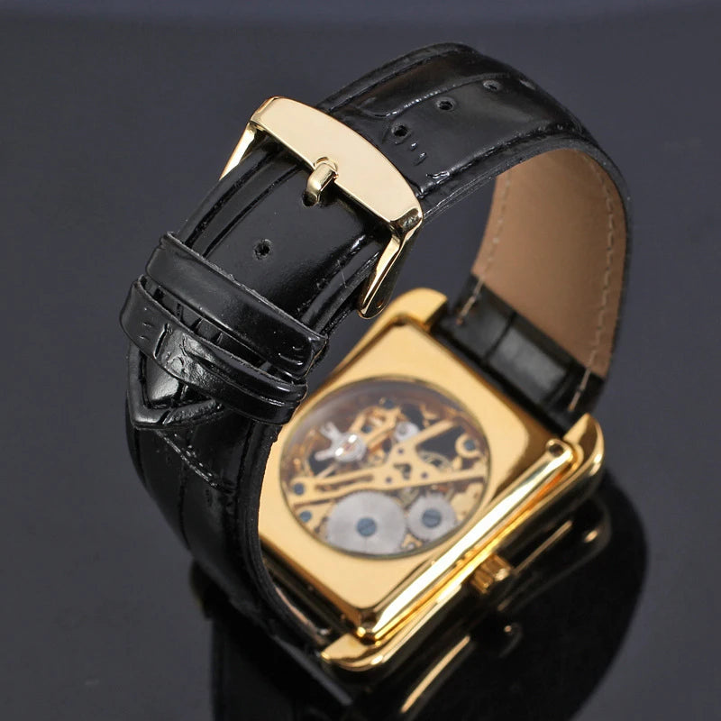 [High-End Mechanical Watch] Luxury Manual Mechanical Watch for Men - Rectangular Hollow Design, High-End Fashionable Leather Strap, Stylish and Handsome Street-Style Watch, the Best Gift for Him, No Batteries Needed