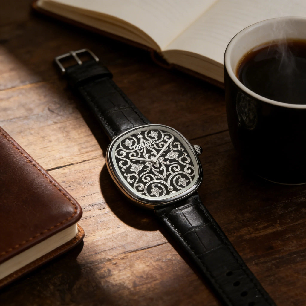 Men Watches Hand Accessories Black Watch with Arabic Pattern Engraving Craftsmanship Gentleman Elegant Men Quartz Wristwatch