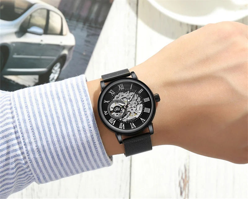 Mechanical Hand Wind Watch for Men Top Brand Luxury Fashion Skeleton Mesh Strap Wristwatch Male Clock Montre Homme Drop Shipping