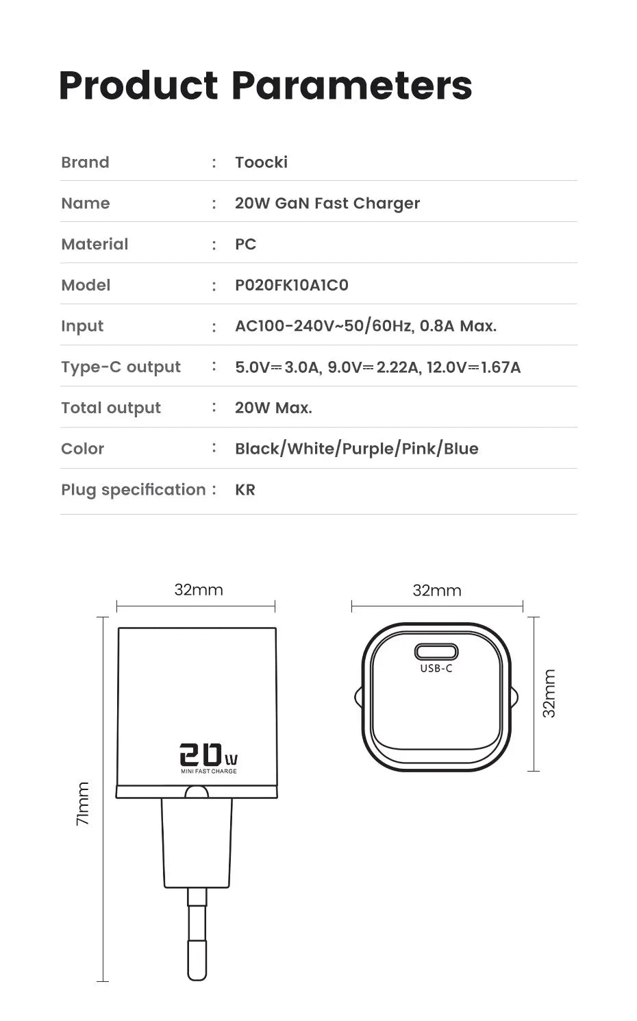 Toocki 20W GaN USB Charger QC 3.0 PD Fast Type C Charger For iPhone 15 14 Pro Max Xiaomi Samsung S23 Type C Mini Phone Charger