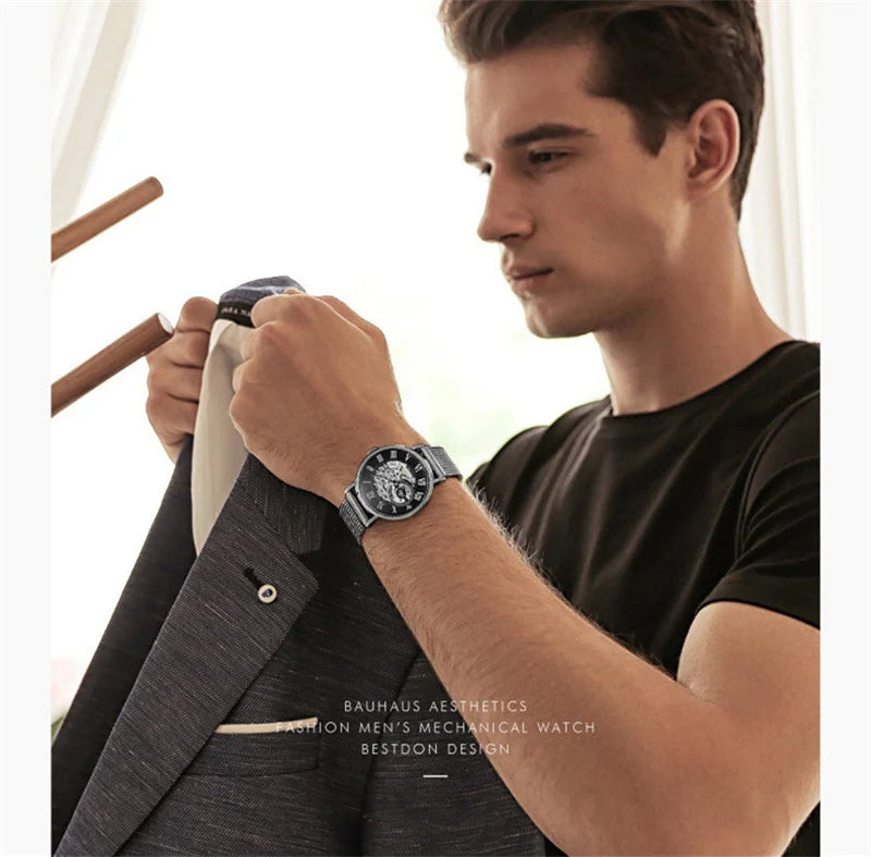 Mechanical Hand Wind Watch for Men Top Brand Luxury Fashion Skeleton Mesh Strap Wristwatch Male Clock Montre Homme Drop Shipping