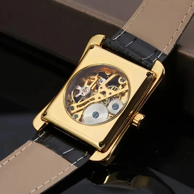 [High-End Mechanical Watch] Luxury Manual Mechanical Watch for Men - Rectangular Hollow Design, High-End Fashionable Leather Strap, Stylish and Handsome Street-Style Watch, the Best Gift for Him, No Batteries Needed