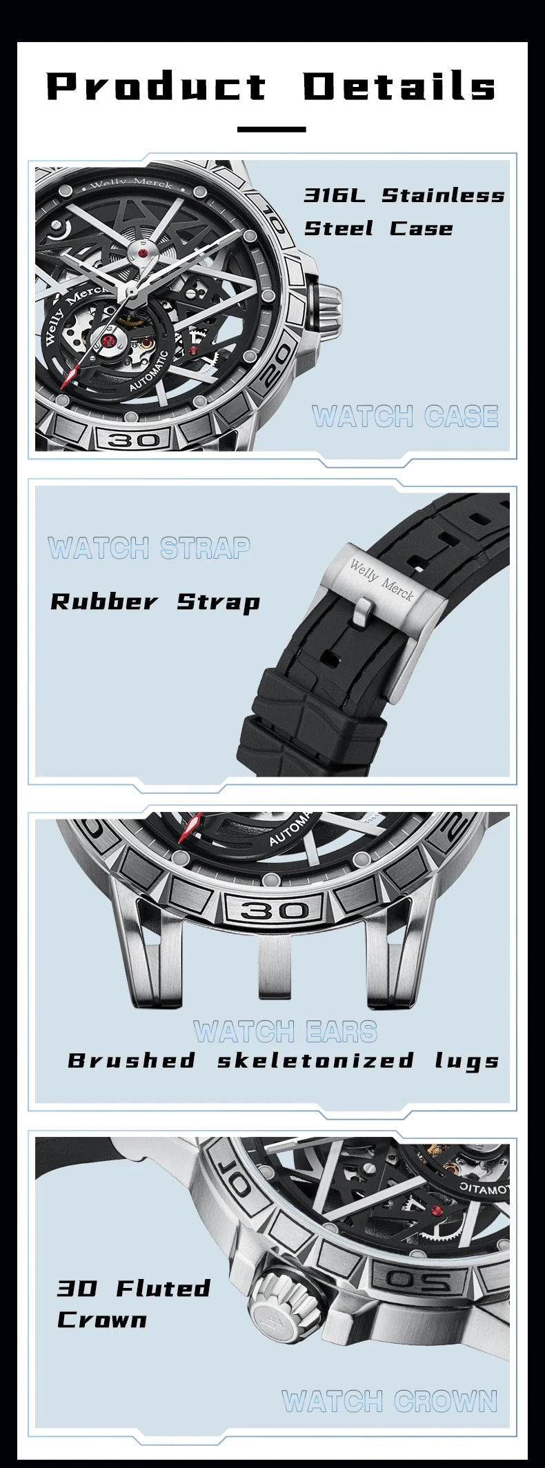 WM Watch Mechanical Watch, 8205 movement, 316L stainless steel case, sapphire crystal glass, 50m water resistance WM143M