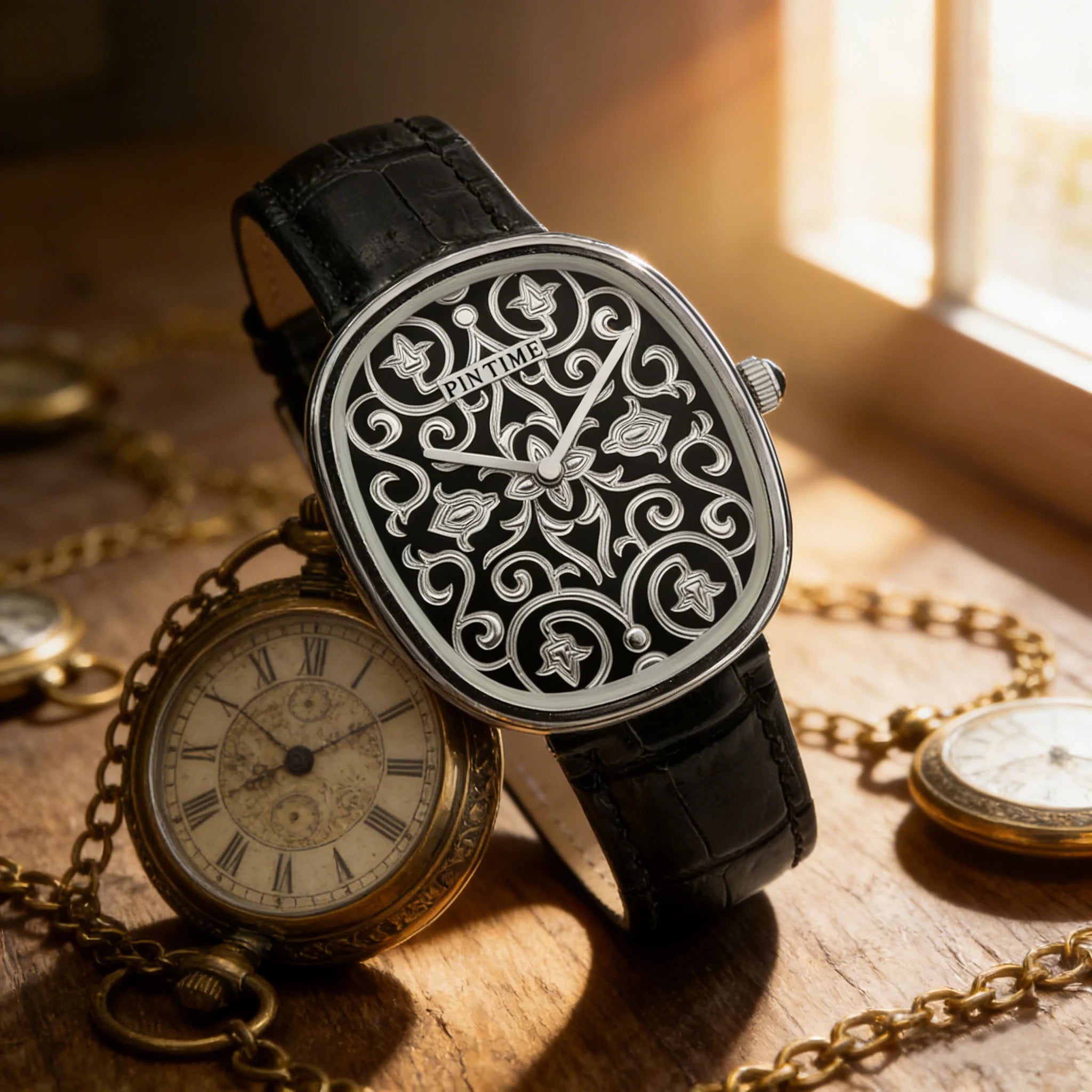 Men Watches Hand Accessories Black Watch with Arabic Pattern Engraving Craftsmanship Gentleman Elegant Men Quartz Wristwatch