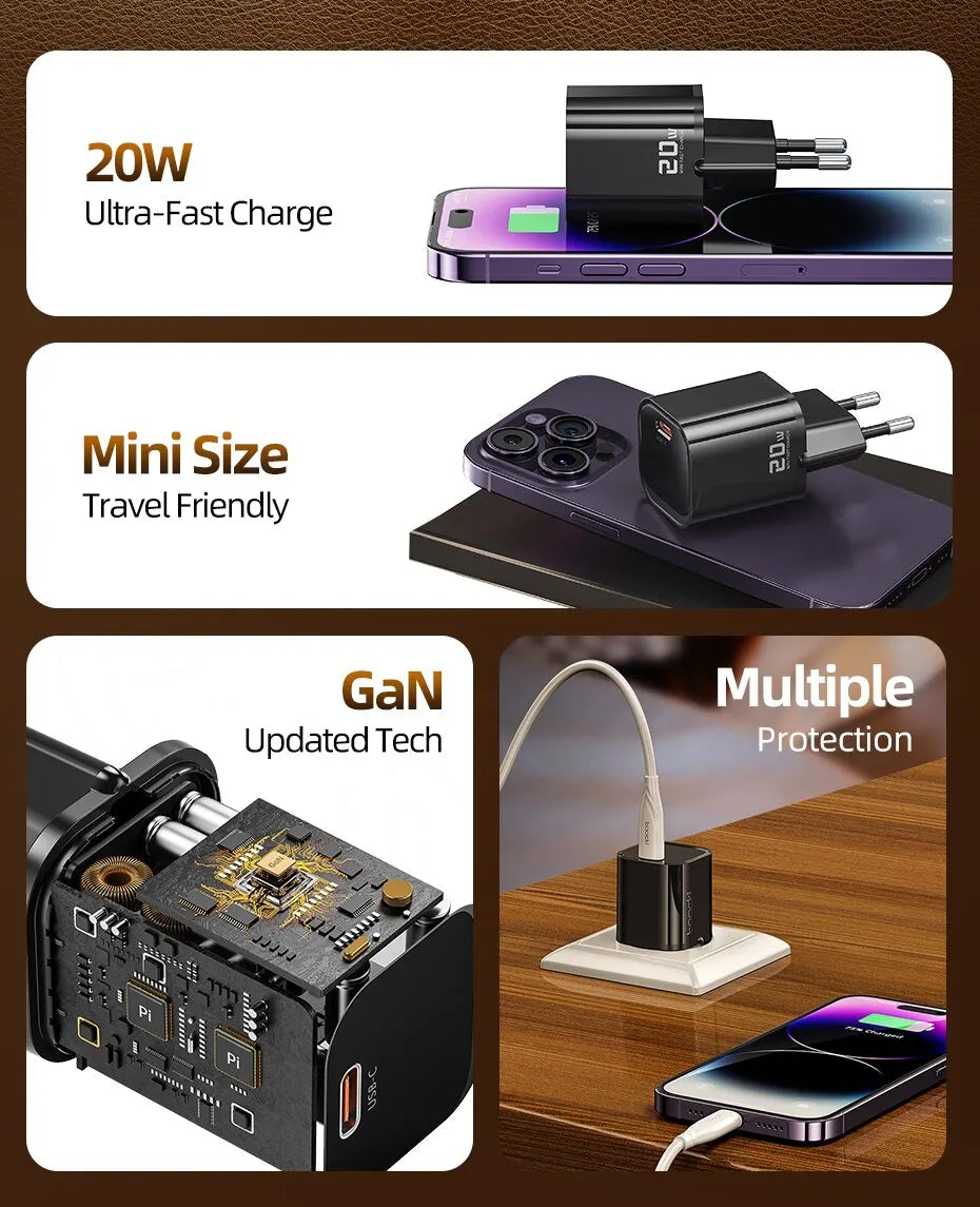 Toocki 20W GaN USB Charger QC 3.0 PD Fast Type C Charger For iPhone 15 14 Pro Max Xiaomi Samsung S23 Type C Mini Phone Charger