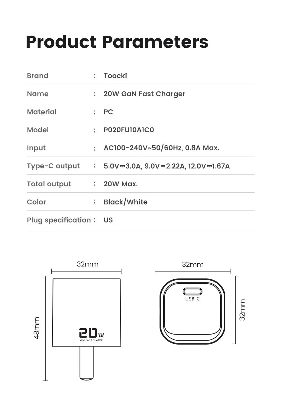 Toocki 20W GaN USB Charger QC 3.0 PD Fast Type C Charger For iPhone 15 14 Pro Max Xiaomi Samsung S23 Type C Mini Phone Charger