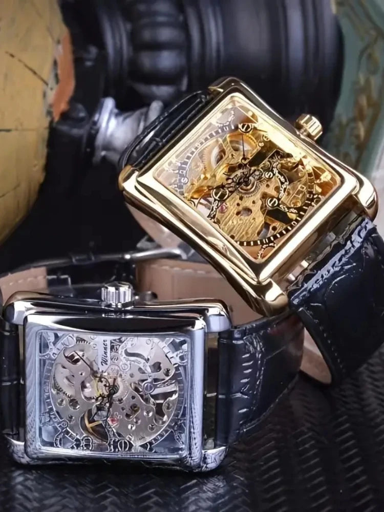[High-End Mechanical Watch] Luxury Manual Mechanical Watch for Men - Rectangular Hollow Design, High-End Fashionable Leather Strap, Stylish and Handsome Street-Style Watch, the Best Gift for Him, No Batteries Needed