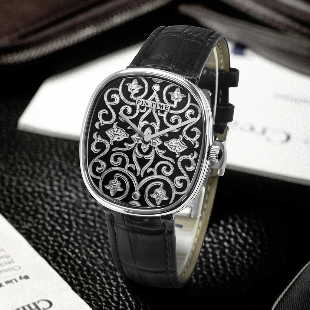 Men Watches Hand Accessories Black Watch with Arabic Pattern Engraving Craftsmanship Gentleman Elegant Men Quartz Wristwatch
