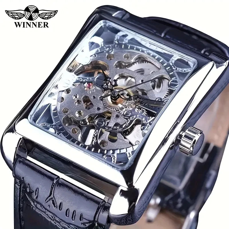 [High-End Mechanical Watch] Luxury Manual Mechanical Watch for Men - Rectangular Hollow Design, High-End Fashionable Leather Strap, Stylish and Handsome Street-Style Watch, the Best Gift for Him, No Batteries Needed