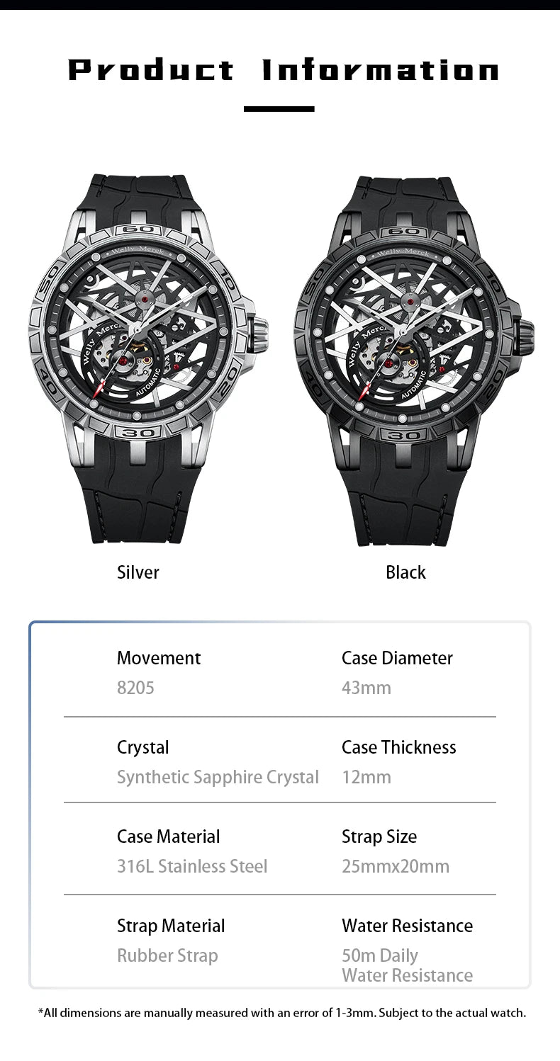 WM Watch Mechanical Watch, 8205 movement, 316L stainless steel case, sapphire crystal glass, 50m water resistance WM143M