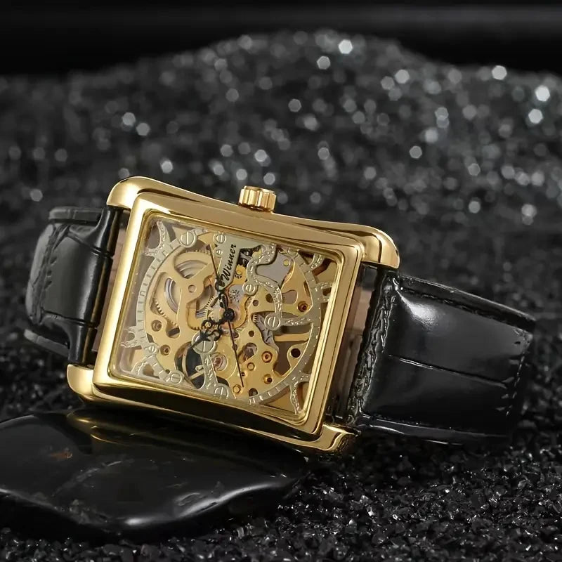 [High-End Mechanical Watch] Luxury Manual Mechanical Watch for Men - Rectangular Hollow Design, High-End Fashionable Leather Strap, Stylish and Handsome Street-Style Watch, the Best Gift for Him, No Batteries Needed