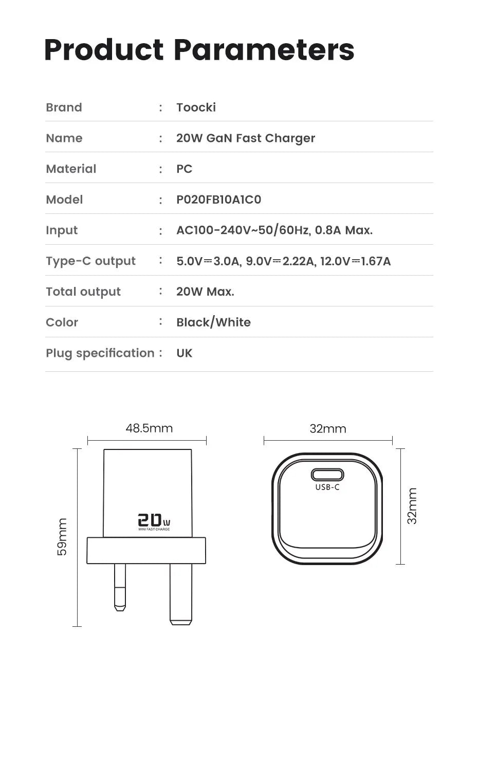 Toocki 20W GaN USB Charger QC 3.0 PD Fast Type C Charger For iPhone 15 14 Pro Max Xiaomi Samsung S23 Type C Mini Phone Charger