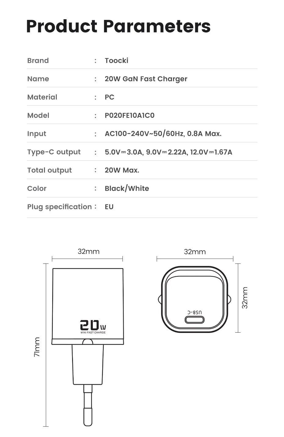 Toocki 20W GaN USB Charger QC 3.0 PD Fast Type C Charger For iPhone 15 14 Pro Max Xiaomi Samsung S23 Type C Mini Phone Charger