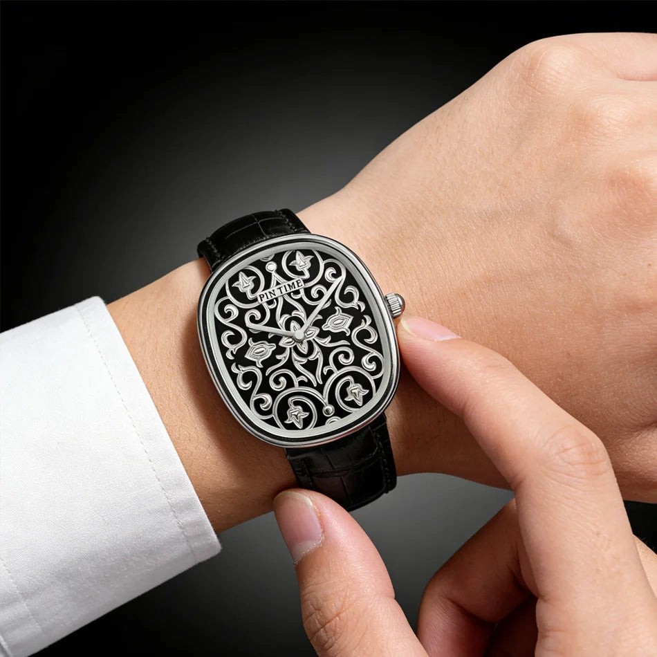 Men Watches Hand Accessories Black Watch with Arabic Pattern Engraving Craftsmanship Gentleman Elegant Men Quartz Wristwatch