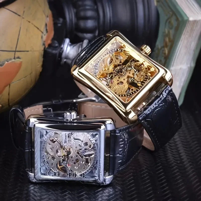 [High-End Mechanical Watch] Luxury Manual Mechanical Watch for Men - Rectangular Hollow Design, High-End Fashionable Leather Strap, Stylish and Handsome Street-Style Watch, the Best Gift for Him, No Batteries Needed