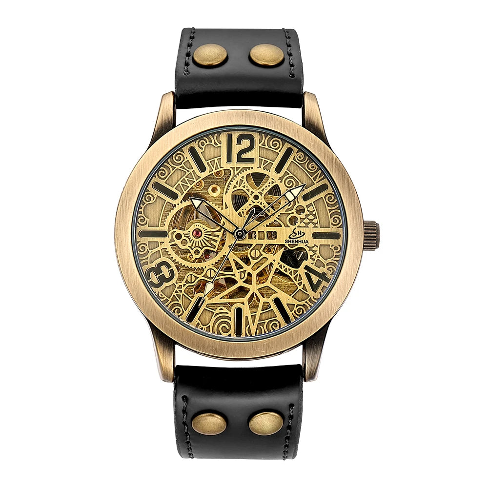 SHENHUA Men's Automatic Wrist Watch Vintage Copper Skeleton Mechanical Male Clock Retro Bronze Dial Luminous Relogio Masculino